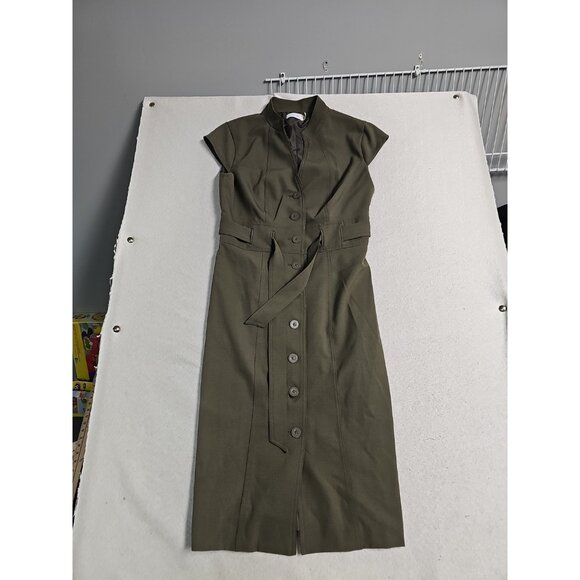 Calvin Klein Green Mock Neck Button Down Belted Sheath Midi Dress 8 New - Picture 1 of 10